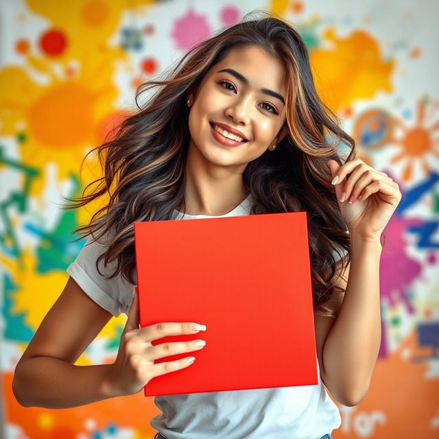 A young woman with a confident pose, holding a vibrant red square canvas in front of her, showcasing her body with an artistic flair