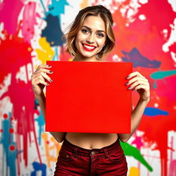 A young woman with a confident pose, holding a vibrant red square canvas in front of her, showcasing her body with an artistic flair