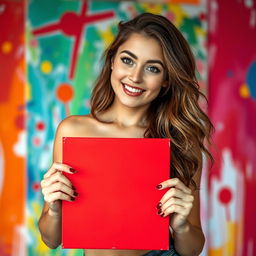 A young woman with a confident pose, holding a vibrant red square canvas in front of her, showcasing her body with an artistic flair