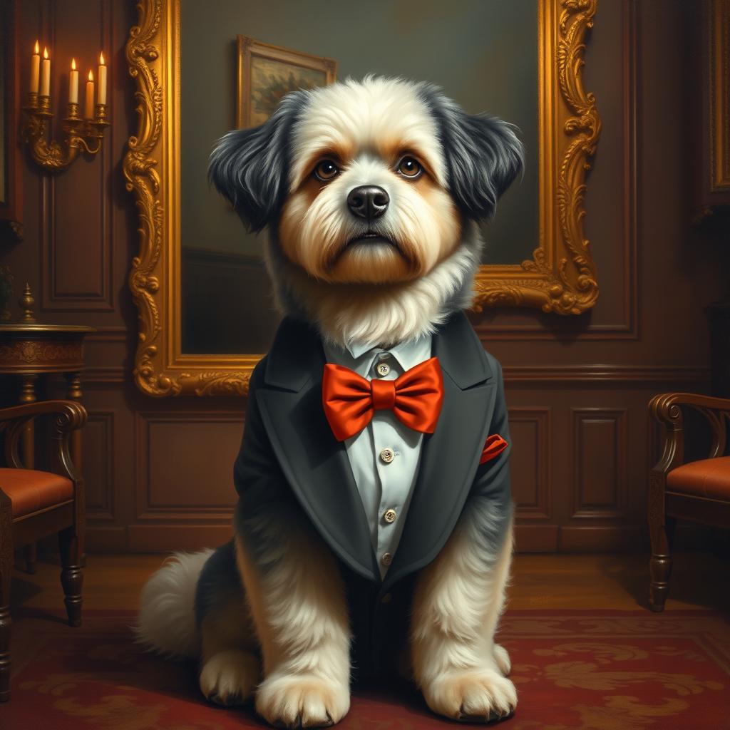 The painting depicts an elegant fluffy-coated dog dressed in a suit and a red bow tie