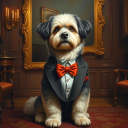 The painting depicts an elegant fluffy-coated dog dressed in a suit and a red bow tie