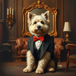 The painting depicts an elegant fluffy-coated dog dressed in a suit and a red bow tie