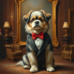 The painting depicts an elegant fluffy-coated dog dressed in a suit and a red bow tie