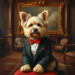 The painting depicts an elegant fluffy-coated dog dressed in a suit and a red bow tie