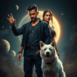 A cinematic magical action fantasy film poster featuring a 27-year-old Indian man with a dark complexion and short hair, dressed in a stylish black shrug and black cargo pants, performing black magic