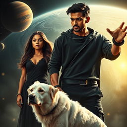 A cinematic magical action fantasy film poster featuring a 27-year-old Indian man with a dark complexion and short hair, dressed in a stylish black shrug and black cargo pants, performing black magic