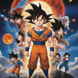 Depict the diverse set of characters including Goku and his friends, as well as the explorer, soaring into the night sky. Meanwhile, the planet beneath them erupts into a breathtaking, monumental explosion.