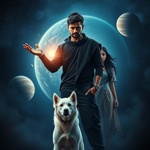 A cinematic magical action fantasy film poster featuring a 27-year-old Indian man with a dark complexion and short hair, dressed in a stylish black shrug and black cargo pants, performing black magic