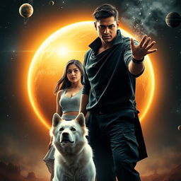 A cinematic magical action fantasy film poster featuring a 27-year-old Indian man with a dark complexion and short hair, dressed in a stylish black shrug and black cargo pants, performing black magic