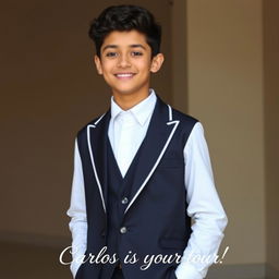 A handsome 16-year-old Latino boy with short curly dark brown hair dressed in a stylish school uniform featuring white and black colors