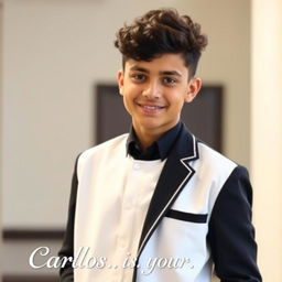 A handsome 16-year-old Latino boy with short curly dark brown hair dressed in a stylish school uniform featuring white and black colors