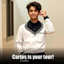 A handsome 16-year-old Latino boy with short curly dark brown hair dressed in a stylish school uniform featuring white and black colors