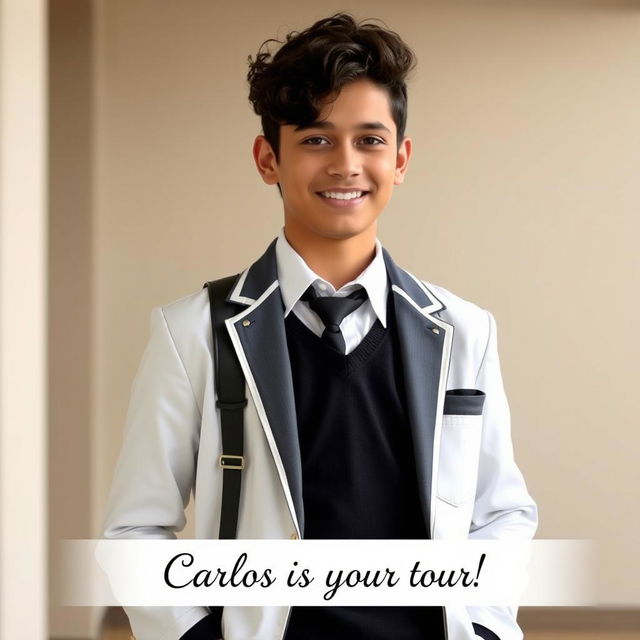 A handsome 16-year-old Latino boy with short curly dark brown hair dressed in a stylish school uniform featuring white and black colors