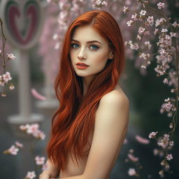 A young woman with striking red hair cascading down her shoulders, standing confidently in a whimsical, ethereal setting