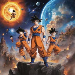 Depict the diverse set of characters including Goku and his friends, as well as the explorer, soaring into the night sky. Meanwhile, the planet beneath them erupts into a breathtaking, monumental explosion.