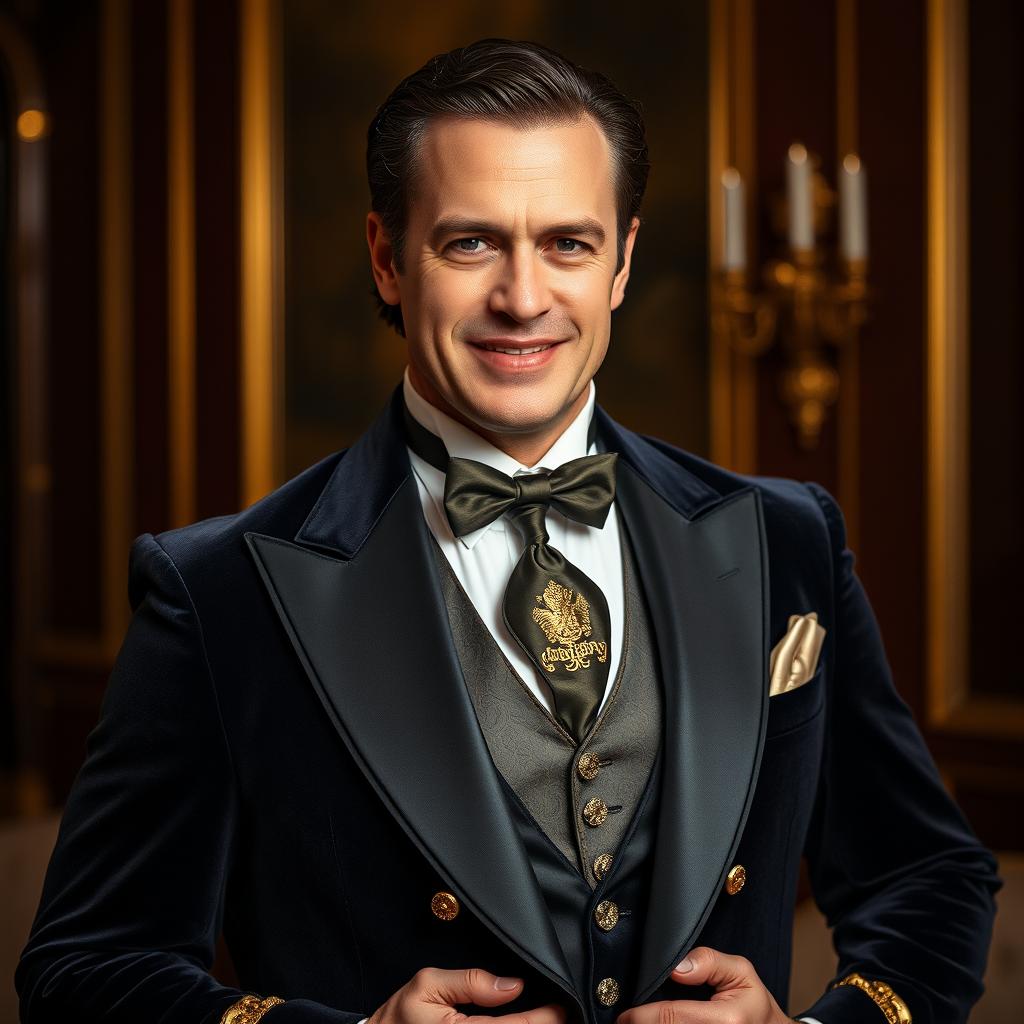 Portray an elegant and ostentatious man dressed in a dark velvet suit adorned with golden details