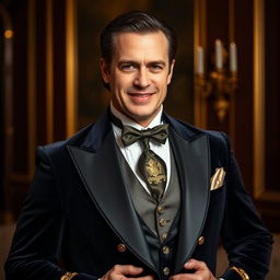 Portray an elegant and ostentatious man dressed in a dark velvet suit adorned with golden details