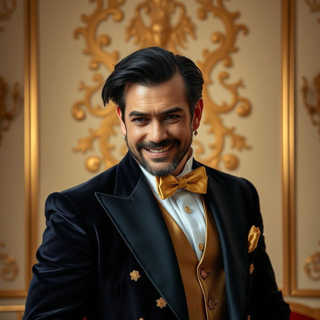 Portray an elegant and ostentatious man dressed in a dark velvet suit adorned with golden details