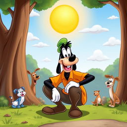 A whimsical cartoon scene showing Goofy, the classic Disney character, humorously situated in a comedic outdoor setting