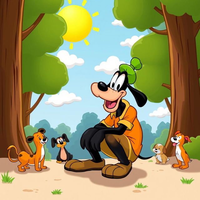 A whimsical cartoon scene showing Goofy, the classic Disney character, humorously situated in a comedic outdoor setting