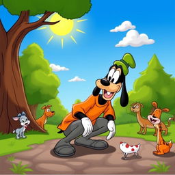 A whimsical cartoon scene showing Goofy, the classic Disney character, humorously situated in a comedic outdoor setting