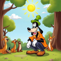 A whimsical cartoon scene showing Goofy, the classic Disney character, humorously situated in a comedic outdoor setting