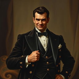 Depict an elegant and ostentatious man in a dark velvet suit with golden details