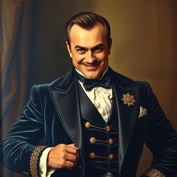 Depict an elegant and ostentatious man in a dark velvet suit with golden details