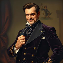 Depict an elegant and ostentatious man in a dark velvet suit with golden details