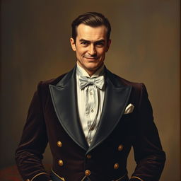 Depict an elegant and ostentatious man in a dark velvet suit with golden details