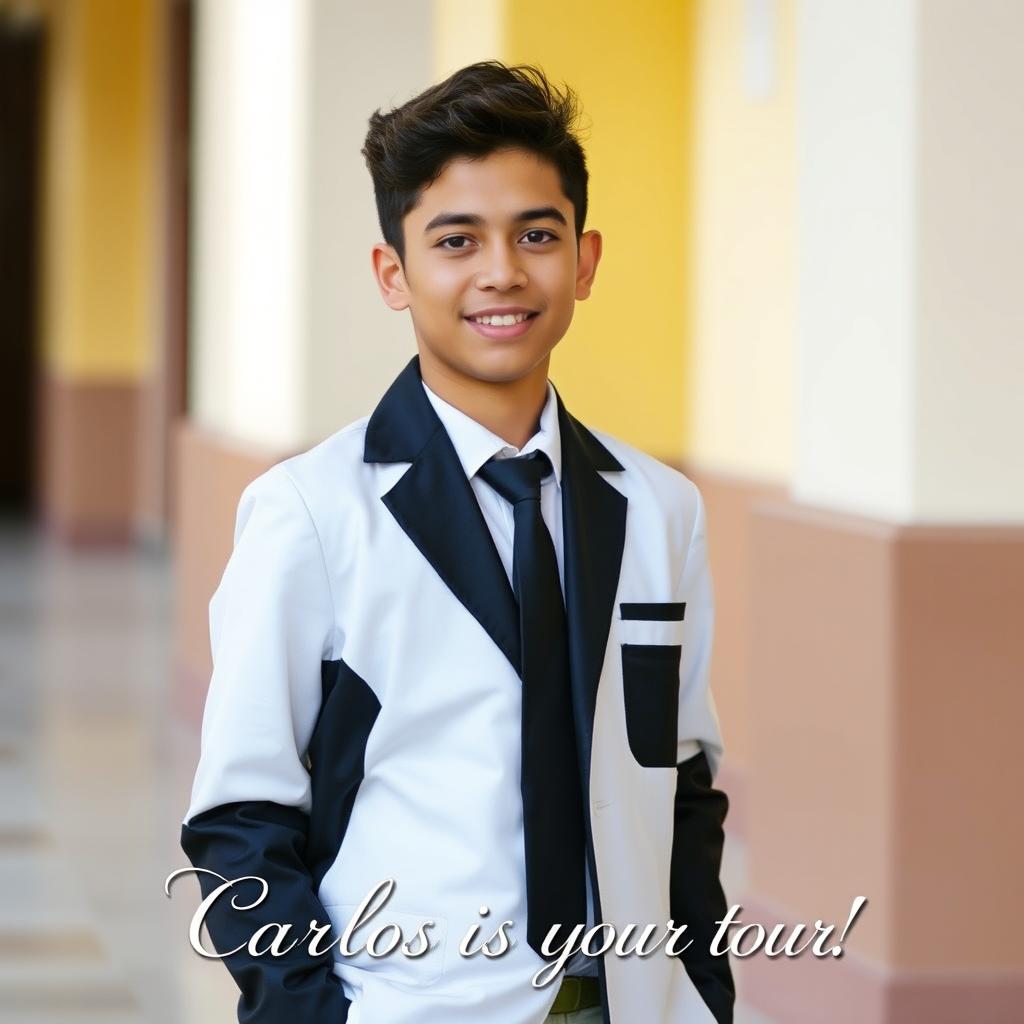 A handsome 16-year-old Latino boy from Guatemala, with short curly dark brown hair, dressed in a stylish white and black school uniform