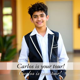 A handsome 16-year-old Latino boy from Guatemala, with short curly dark brown hair, dressed in a stylish white and black school uniform