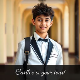 A handsome 16-year-old Latino boy from Guatemala, with short curly dark brown hair, dressed in a stylish white and black school uniform