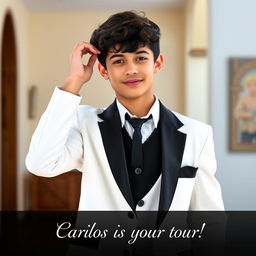 A handsome 16-year-old Latino boy from Guatemala, with short curly dark brown hair, dressed in a stylish white and black school uniform