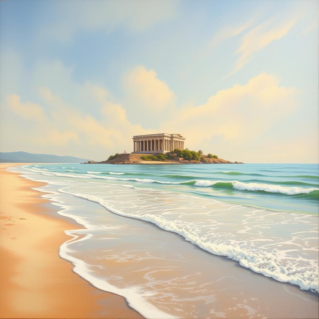 The painting portrays a serene beach with gentle waves lapping at the shore, centered around an imposing building located on a distant island