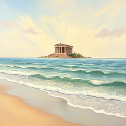 The painting portrays a serene beach with gentle waves lapping at the shore, centered around an imposing building located on a distant island