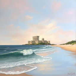 The painting portrays a serene beach with gentle waves lapping at the shore, centered around an imposing building located on a distant island