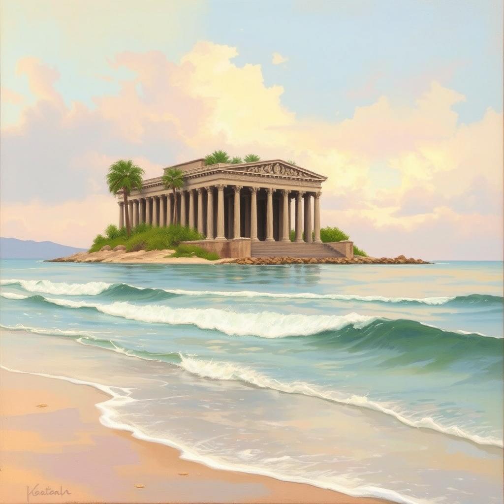 The painting portrays a serene beach with gentle waves lapping at the shore, centered around an imposing building located on a distant island