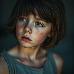 A close-up portrait of a girl with short, tousled brown hair, revealing bruises on her legs and neck