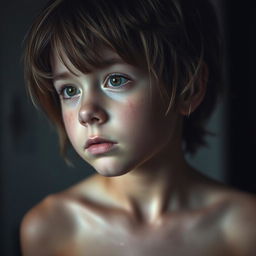 A close-up portrait of a girl with short, tousled brown hair, revealing bruises on her legs and neck