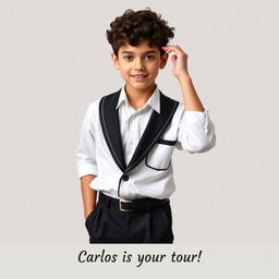 A charming 16-year-old boy in high school with short curly dark brown hair, wearing a stylish school uniform featuring white and black colors