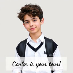 A charming 16-year-old boy in high school with short curly dark brown hair, wearing a stylish school uniform featuring white and black colors