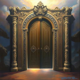 The fourth painting captures a majestic door, framed by elaborate ornaments and intricate carvings that seem to come alive