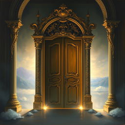 The fourth painting captures a majestic door, framed by elaborate ornaments and intricate carvings that seem to come alive