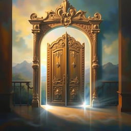 The fourth painting captures a majestic door, framed by elaborate ornaments and intricate carvings that seem to come alive