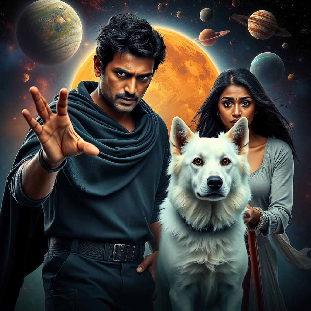 A cinematic magical fantasy film poster featuring a 27-year-old Indian man with a dark face and short hair, dressed in a black shrug and black cargo pants, practicing black magic with an intense expression