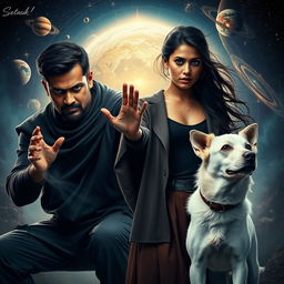 A cinematic magical fantasy film poster featuring a 27-year-old Indian man with a dark face and short hair, dressed in a black shrug and black cargo pants, practicing black magic with an intense expression