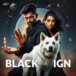 A cinematic magical fantasy film poster featuring a 27-year-old Indian man with a dark face and short hair, dressed in a black shrug and black cargo pants, practicing black magic with an intense expression