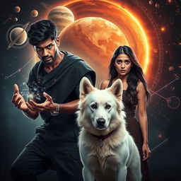 A cinematic magical fantasy film poster featuring a 27-year-old Indian man with a dark face and short hair, dressed in a black shrug and black cargo pants, practicing black magic with an intense expression