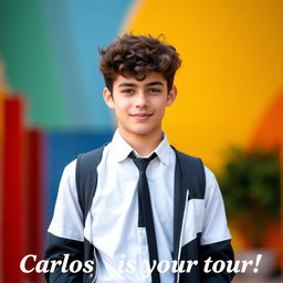 A tall and handsome 16-year-old boy in high school with short curly dark brown hair, dressed in a stylish school uniform featuring white and black colors